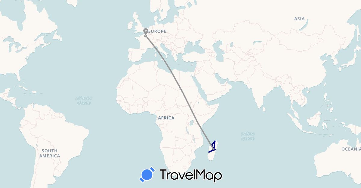 TravelMap itinerary: driving, plane in France, Kenya, Madagascar (Africa, Europe)
