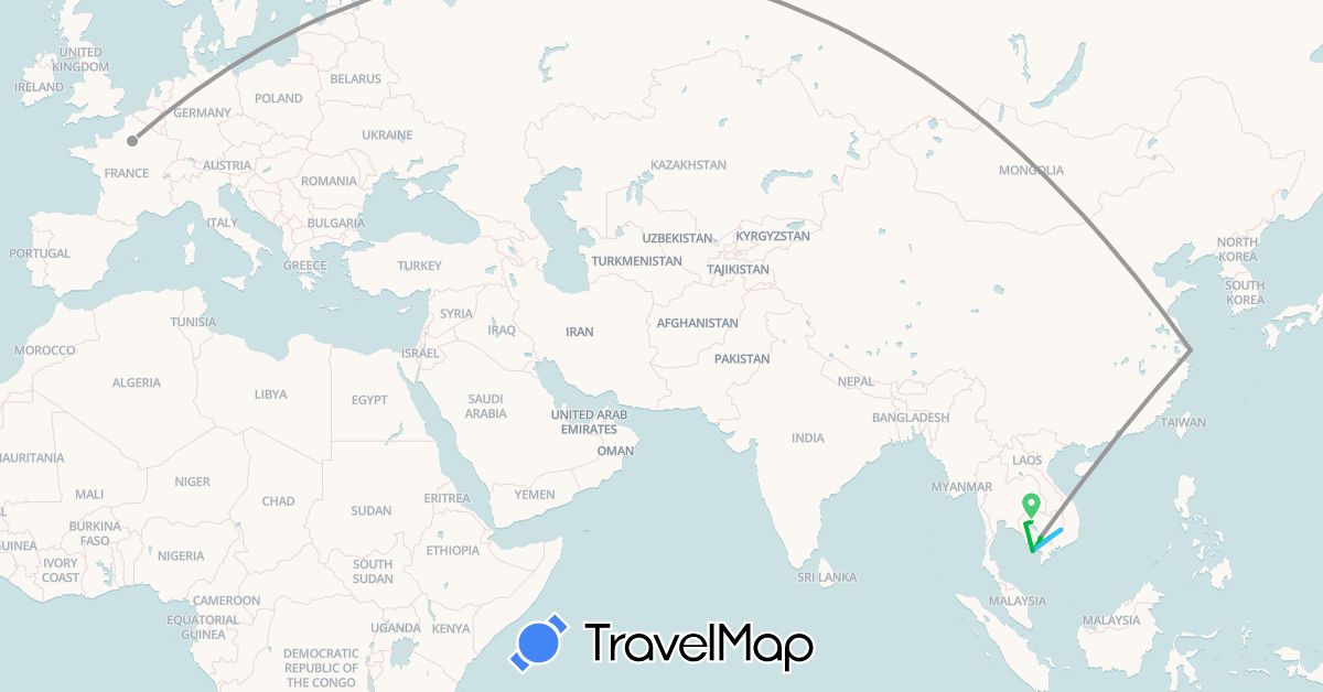 TravelMap itinerary: driving, bus, plane, boat in China, France, Cambodia, Vietnam (Asia, Europe)